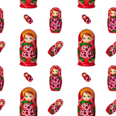 Wall Mural - Seamless pattern of matreshka nesting doll on white background isolated, red matrioska ornament wallpaper, beautiful matryoshka backdrop, russian national art souvenir, traditional style decor print