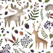 Seamless pattern with wild forest animals. Watercolor hand painted deer, elk, hedgehog and different plants. Woodland animals background perfect for children's textiles, wrapping, cards, wallpaper 