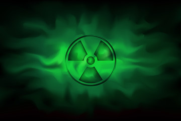 Radiation sign on background of polluted green fog. Dangerous haze poisoned. The spread radioactive contamination of nuclear weapons. Vector illustration