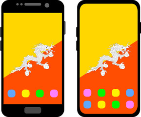 Two black smartphones with a home screen and wallpaper with the flag of Bhutan: old model with gray buttons and new model without buttons. Vector graphics, illustration