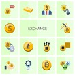 © Kirill - 14 exchange flat icons set isolated on white background. Icons set with Net Income, crypto-exchange, Altcoin, Mining, Initial Coin Offering, gold bar, Entrepreneurship icons.