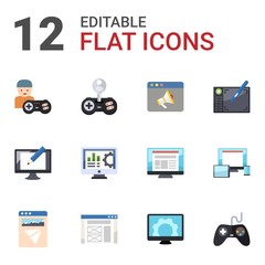 Wall Mural - 12 pc flat icons set isolated on white background. Icons set with gamer, Cheat, Promo website, Digital illustration, Accounting software, Graphic tablet, Landing page, wireframe icons.