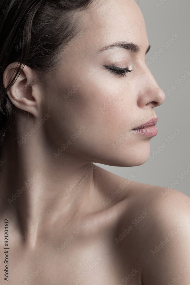 natural beauty concept young woman  profile  face closeup studio shot - obrazy, fototapety, plakaty 