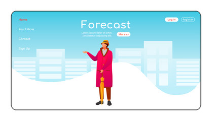 Wall Mural - Forecast landing page flat color vector template. Staying caucasian guy in hat and scarf homepage layout. Rainy weather one page website interface with cartoon character. Wet day web banner, webpage