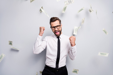 Sticker - Successful delighted banker entrepreneur get benefit profit win lottery cashback money fall raise fists scream yes wear white shirt tie black pants trousers isolated grey color background