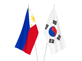 National fabric flags of South Korea and Philippines isolated on white background. 3d rendering illustration.