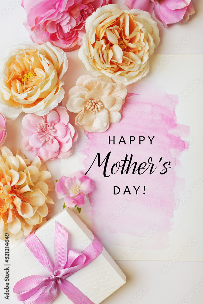 mothers day card with gift box and flowers Stock Photo | Adobe Stock