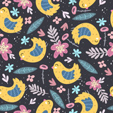 Fototapeta Dinusie - Seamless pattern with cartoon birds, flowers, decor elements on a neutral background. colorful vector. hand drawing. ornament, flat style. design for fabric, print, textile, wrapper