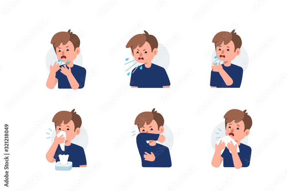 Kid Character Sneezing and Coughing Right and Wrong. Medical Recommendation How to Sneeze Properly. Prevention against Virus and Infection. Hygiene Concept.  Flat Cartoon Vector Illustration. - obrazy, fototapety, plakaty 