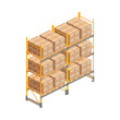 Big isometric warehouse rack with pallet, boxes isolated on white. 3d metallic shelves. Storage equipment vector illustration. Logistic and delivery service element for web, design, infographics, apps
