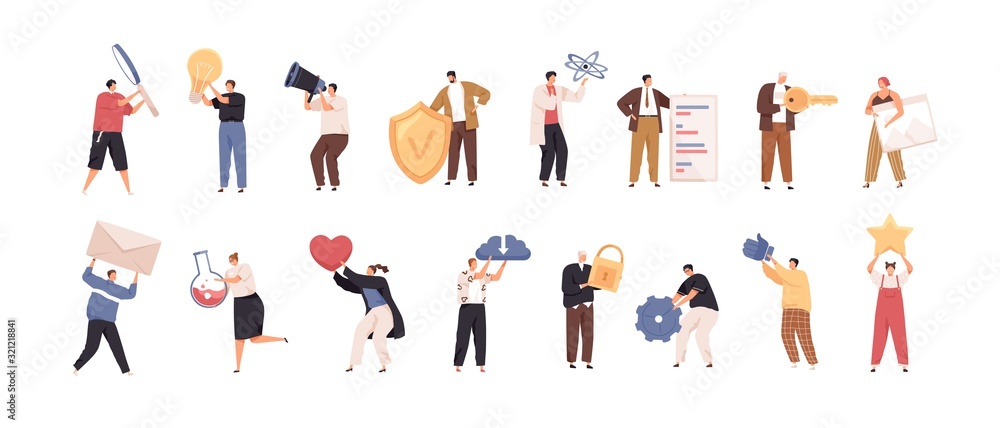Set of tiny people with big items isolated on white background. Collection of person different activities and occupation vector flat illustration. Cartoon characters holding various tools - obrazy, fototapety, plakaty 
