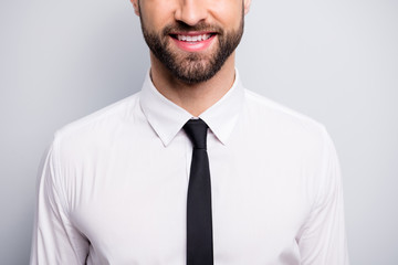 Poster - Cropped closeup photo of handsome business man hiding half face beaming smiling friendly chief worker wear white office shirt black tie isolated grey color background