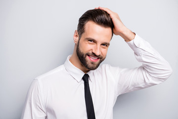 Poster - Closeup photo of macho business man touch groomed neat hairdo salon beaming smiling look mirror love himself wear white office shirt tie isolated grey color background