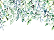 Drop Border With Watercolor Leaf, Hand Painting Leaves, Isolated On White. Perfectly For Web Design, Greeting, Wedding Invitation, Fabric And Other Printing. 