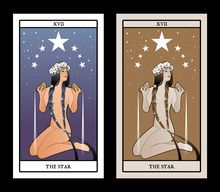 Major Arcana Tarot Cards. The Star. Beautiful Girl Naked Under Seven Stars, Pouring Water From Two Golden Bowls. She Wears A Wreath Of Flowers And Long Dark Braids Adorned With Little Flowers