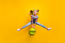Full Length Photo Energetic Crazy Schoolkid Hold Backpack Bags Enjoy School Lessons Listen Songs Wear Denim Jeans Striped Sweater Footwear Isolated Bright Shine Yellow Color Background
