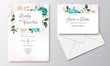 © mariadeta - Beautiful wedding invitation card template set with greenery floral leaves and gold frame