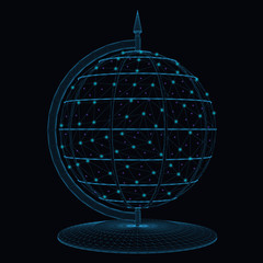 Wall Mural - Globe wireframe of blue lines on a dark background with luminous lights. Vector illustration