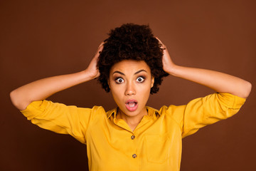 Poster - Closeup photo of beautiful pretty dark skin curly lady hold arms on head stressed need to work at weekend bad awful news stupor wear yellow shirt isolated brown color background