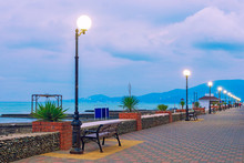 Embankment On The Black Sea, In The Evening At Sunset. Sochi