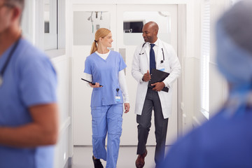 Wall Mural - Doctor In White Coat And Nurse In Scrubs Having Discussion In Hospital Corridor