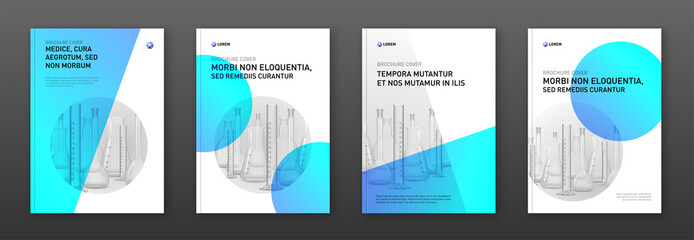 Wall Mural - Pharmaceutical brochure cover design layout with flasks vector illustration. Good for medical annual report, laboratory catalog design, company profile