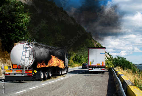 a large white truck carrying flammable substances Poster Mural XXL