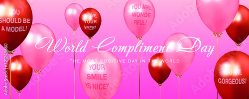 World compliment day calligraphic text with pink and red balloons with compliments on pink background 
