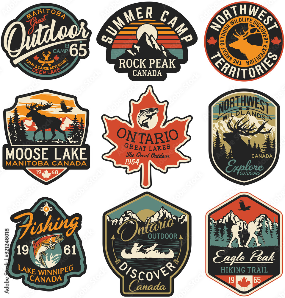 Canada outdoor adventure labels and patches vector collection - obrazy, fototapety, plakaty 