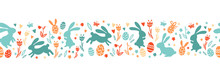 Cute Hand Drawn Easter Bunnies Horizontal Seamless Pattern, Easter Doodle Background, Great For Textiles, Banners, Wallpapers, Wrapping - Vector Design