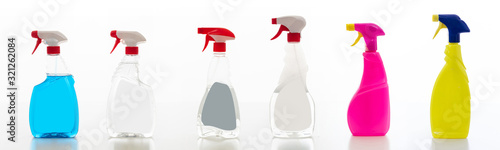 Fotografía Cleaning spray bottles set isolated against white background.