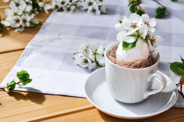 Bright spring Easter composition of natural flowers in a white egg in a circle on a gray tablecloth on a Sunny day.