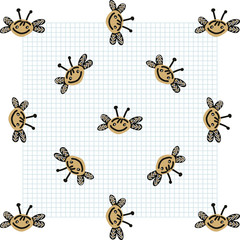 Wall Mural - Kawaii doodle honey bee seamless vector pattern. Hand drawn naive pollinator insect background. Antenna wildlife beekeeping cute home decor. Honeycomb, pollen, nature. Vector EPS 10. 