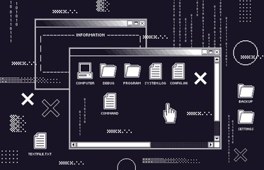 Abstract 80s interface. Retro computer black screen with old programs dark UI, program glitch and hack or virtual virus attack vector illustration. Operating system with software failure, crush, bug.