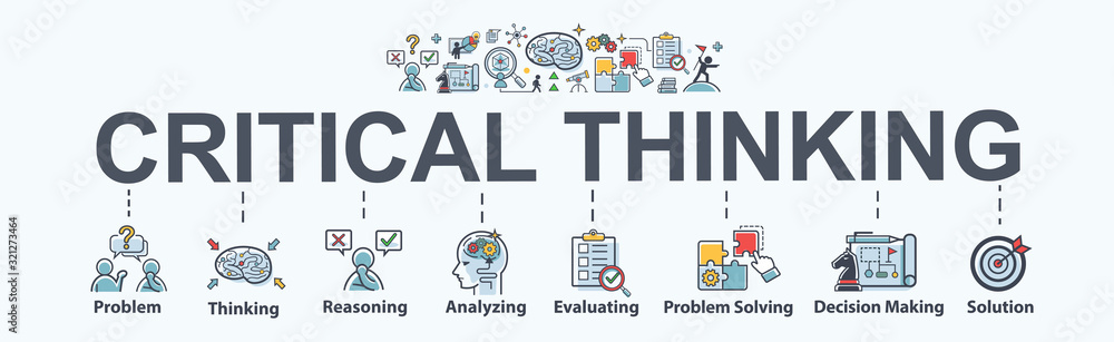 Critical thinking banner web icon for problem solving, creative, thinking, reasoning, analyzing, decision making and solution. Minimal vector cartoon infographic. - obrazy, fototapety, plakaty 