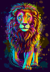 Wall Mural - lion. artistic, neon color, abstract portrait of a lion walking forward on a dark blue background wi