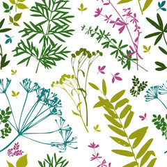 Wall Mural - Seamless stylish leaves pattern. Seamless set silhouettes of botanical elements. Branches with leaves, herbs, wild plants, trees. Garden and forest collection of leaves and grass. Vector illustration