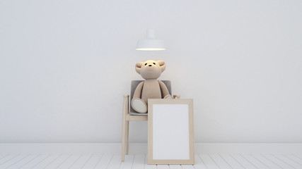 Canvas Print - Teddy bear in living room on white tone design - 3d Illustration