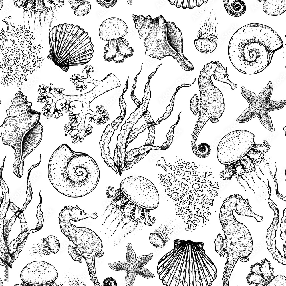 Seamless pattern. Underwater world hand drawn. Sketch illustration.  Seaweed, coral, seashell, jellyfish illustration. Vintage design template.  Undersea world collection. Black and white style. Stock Vector | Adobe Stock, image size:1000x1000