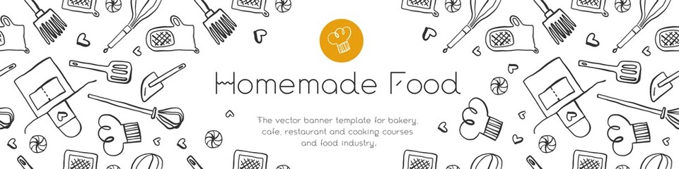 Homemade cooking banner with hand-drawn vector illustrations. Cooking courses banner. Cooking utensils vector. Vector templates of healthy food banner. Home cooking pattern.