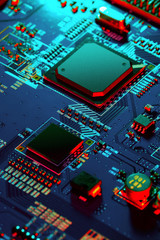 Poster - Electronic circuit board with electronic components such as chips close up. The concept of the electronic computer hardware technology.