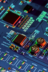 Sticker - Electronic circuit board with electronic components such as chips close up. The concept of the electronic computer hardware technology.