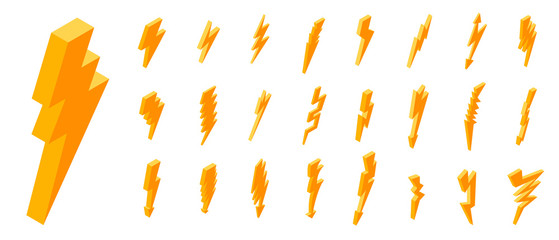 Sticker - Lightning bolt icons set. Isometric set of lightning bolt vector icons for web design isolated on white background