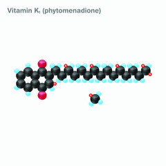 The molecule of vitamin K1 (phytomenadione). Vector illustration in 3d style, isolated on white background.