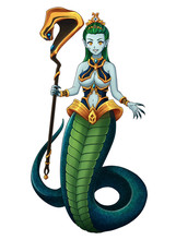Pretty Snake Girl With Golden Magic Staff And Green Snake Tail. Hand Drawn Anime Illustration.