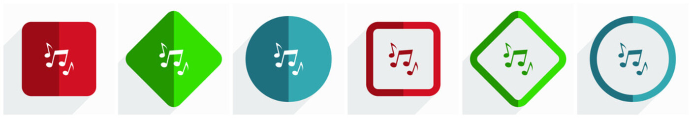 Aufkleber - Music, sound, musical, melody icon set, flat design vector illustration in 6 options for webdesign and mobile applications in eps 10