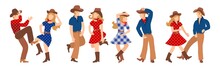 Vector Illustration Of A Group Of Cowboys And Cowgirls In Western Country Dancing A Line Of Dance. Couples Man And Woman Dancing A Cheerful Dance In American Folk Style.