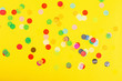 © Алина Бузунова - banner with confetti on yellow background, top view. Flat lay style. Mock up, template, overhead. Background for birthday, 8 march, Valentine's day, wedding, Mother's day