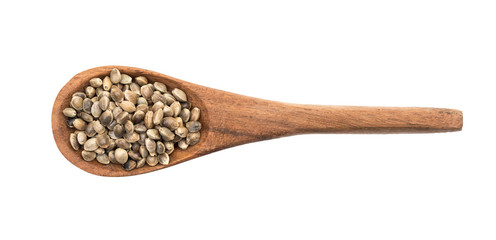 Wall Mural - Brown wooden spoon with hemp seeds seen directly from above and isolated on white background