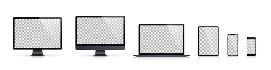 Wall Mural - realistic set of monitor, laptop, tablet, smartphone dark grey color - stock vector.